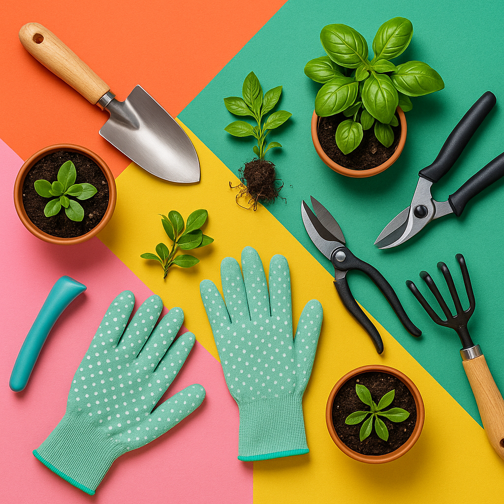 Flat lay of gardening tools, gloves, and small plants placed on a colorful background.