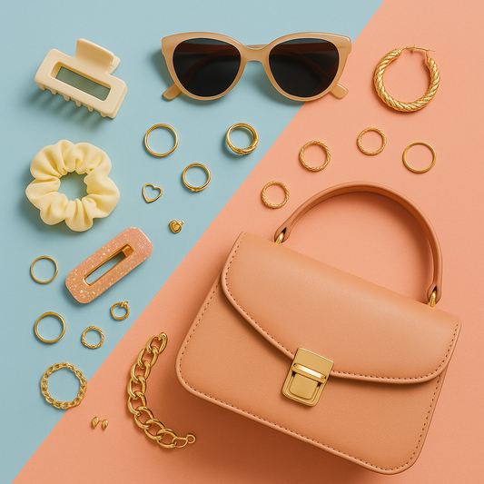 Colorful flat lay of sunglasses, jewelry, rings, clips, and a handbag arranged on a pastel background.