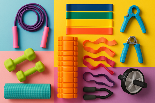Colorful flat-lay of fitness tools including resistance bands, jump rope, foam roller, and workout accessories.