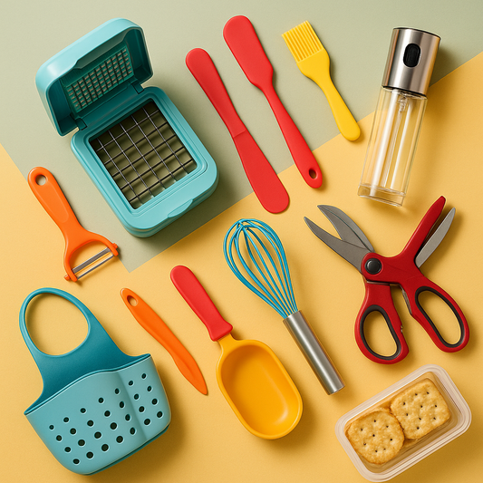 Colorful flat-lay of kitchen gadgets including chopper, whisk, oil spray bottle, and cooking tools.