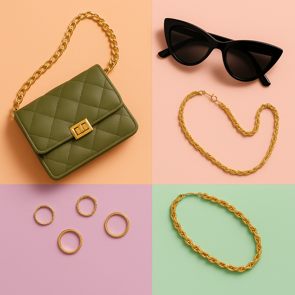 Flat lay of gold jewelry, sunglasses, and a black quilted crossbody bag arranged on a warm beige background