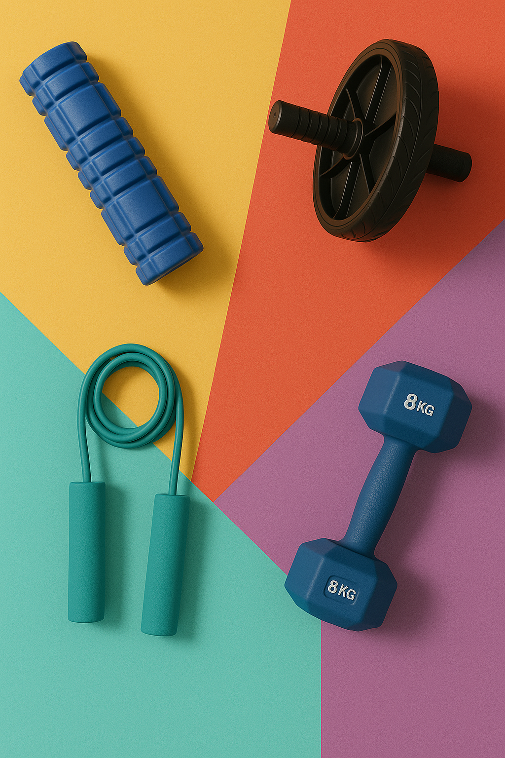 Flat lay of fitness tools including resistance bands, jump rope, foam roller, and exercise accessories on colorful backgrounds.