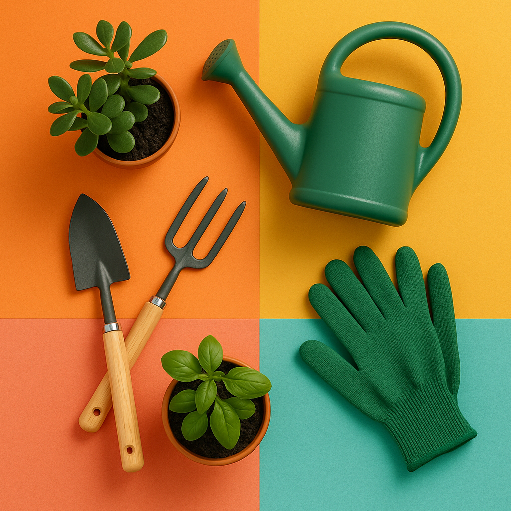 Flat lay of gardening tools, green watering can, gloves, and potted plants arranged on a colorful pastel background.