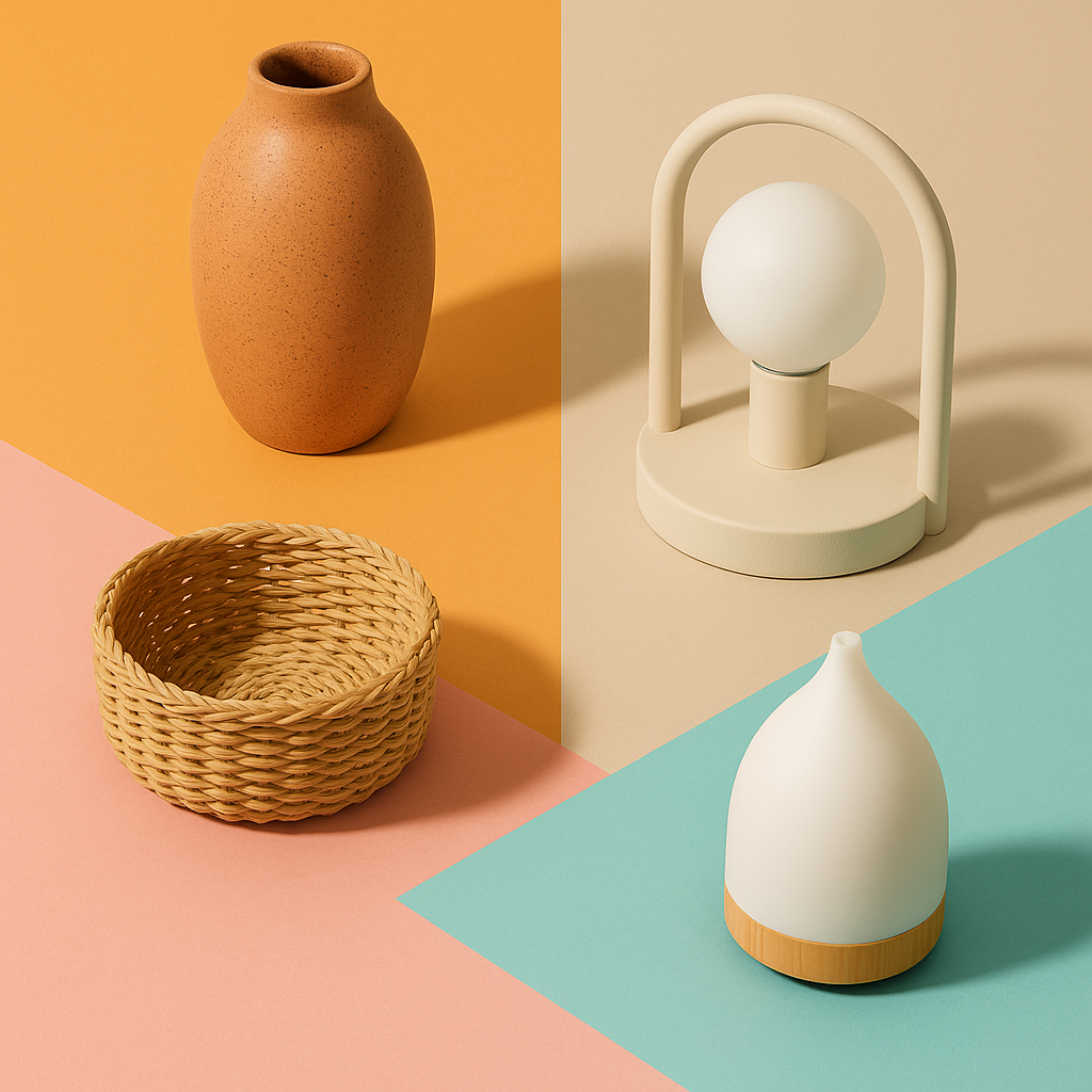 Aesthetic flat lay of modern home décor items including a vase, LED lamp, woven basket, and aroma diffuser arranged on a soft pastel background.