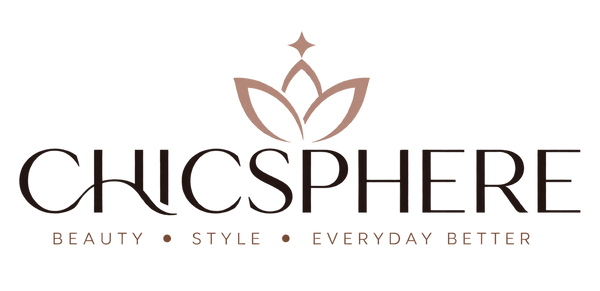 The logo for CHICSPHERE, featuring a stylized lotus flower icon in a muted rose gold color above the brand name 'CHICSPHERE' in dark brown serif lettering. Below the brand name, the tagline 'BEAUTY • STYLE • EVERYDAY BETTER' is written in a matching muted rose gold font, all set against a solid white background.